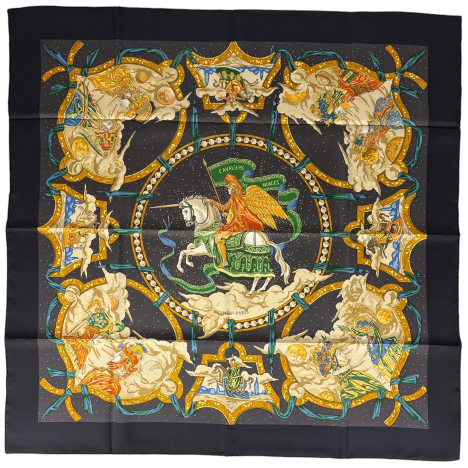 Silk Hermes Scarf: Silk Hermes Scarf Item Specifics: Brand: Hermes Type: Scarf Gender: Women Color: Black, Multi-color Material: Silk Size (LxW): 89cm x 88cm / 35.03'' x 34.64'' Product Disclaimer: Minor wear from age o