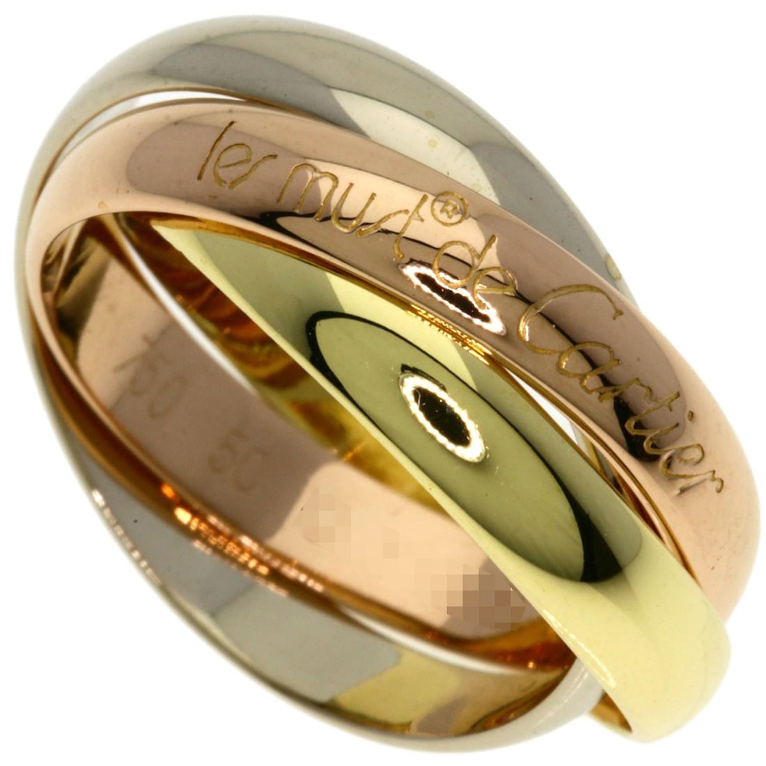 K18 White Gold K18 Yellow Gold Cartier Trinity #50 Ring: K18 White Gold K18 Yellow Gold Cartier Trinity #50 Ring K18 White Gold K18 Yellow Gold Cartier Trinity #50 Ring features a striking combination of two gold metals, K18 White Gold and K18 Yellow Gold,