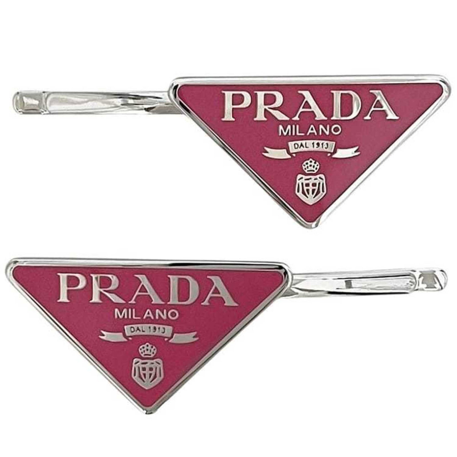 Hair Pin Metal Prada: Hair Pin Metal Prada Pink metal hair pin from Prada, measuring 2.4cm x 4.5cm, bears a signature. Item Specifics: Brand: Prada Type: Hair pin Gender: Women Color: Pink, Silver Material: Metal Size (LxW