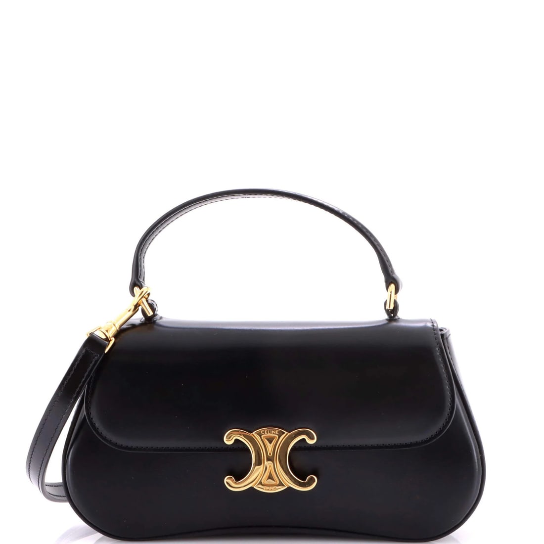 Triomphe Handle Bag Leather Teen Celine Lola: Triomphe Handle Bag Leather Teen Celine Lola Black leather Triomphe handle bag from Celine's Teen collection, featuring a classic top handle design with gold hardware. The bag shows signs of wear,