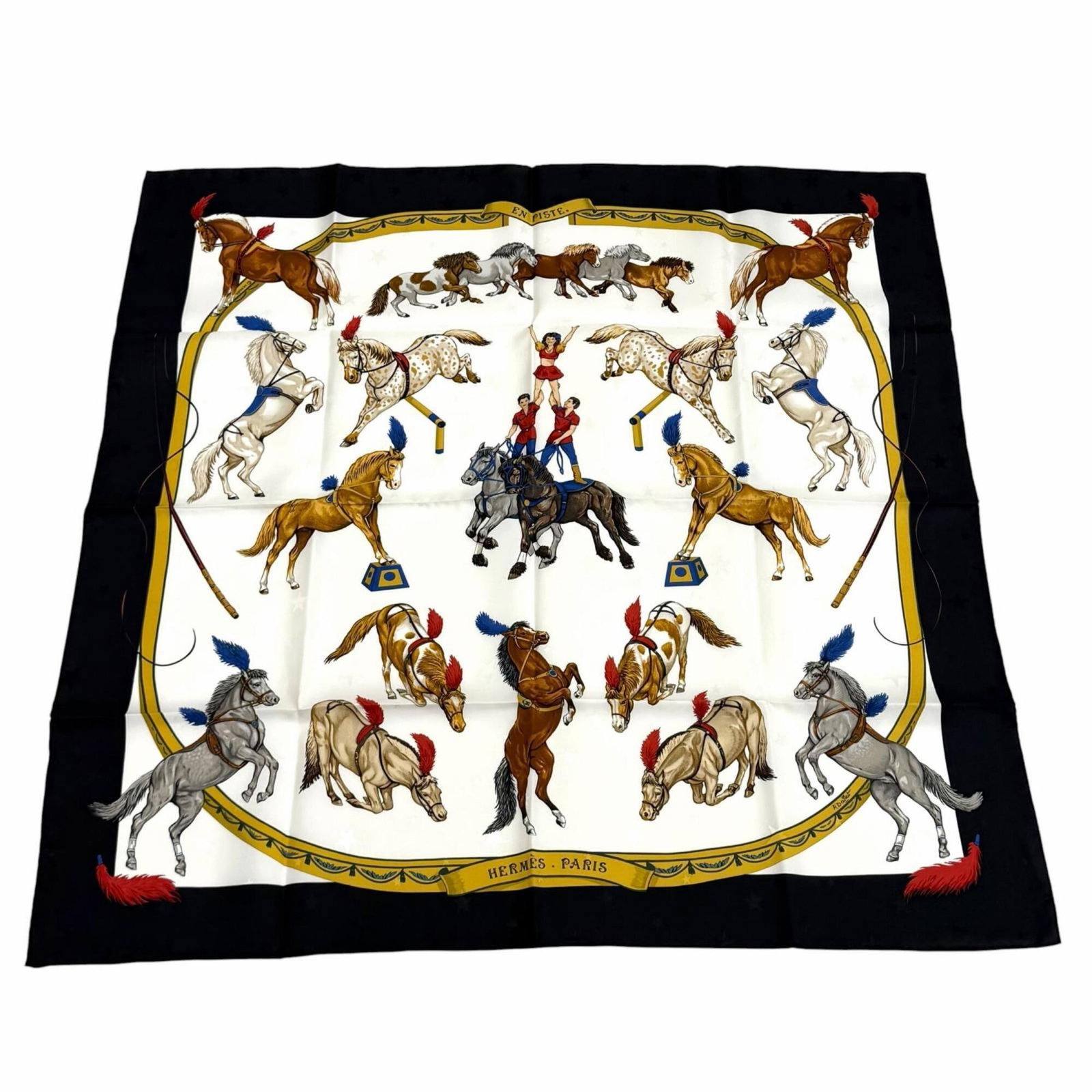Silk Hermes Scarf: Silk Hermes Scarf Item Specifics: Brand: Hermes Country of Origin: France Type: Scarf Gender: Women Color: Black, White Material: Silk Size (LxW): 87.5cm x 89cm / 34.44'' x 35.03'' Product