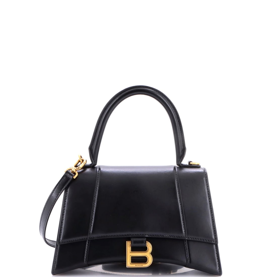 Small Leather Top Handle Bag Hourglass: Small Leather Top Handle Bag Hourglass Small Leather Top Handle Bag Hourglass in Black features a sleek, top-handle design with a classic hourglass silhouette. Crafted from high-quality black
