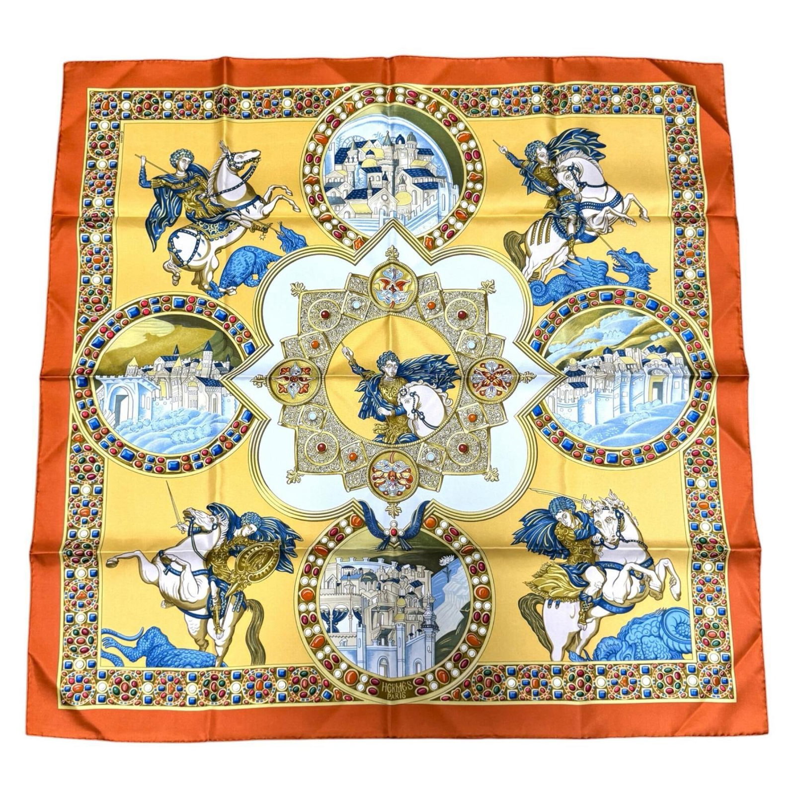 Hermes Scarf: Hermes Scarf 90cm x 90cm / 35.43'' x 35.43'' silk scarf from renowned French fashion house Hermes, bearing a signature. This iconic scarf is a staple of timeless elegance, perfect for adding a touch
