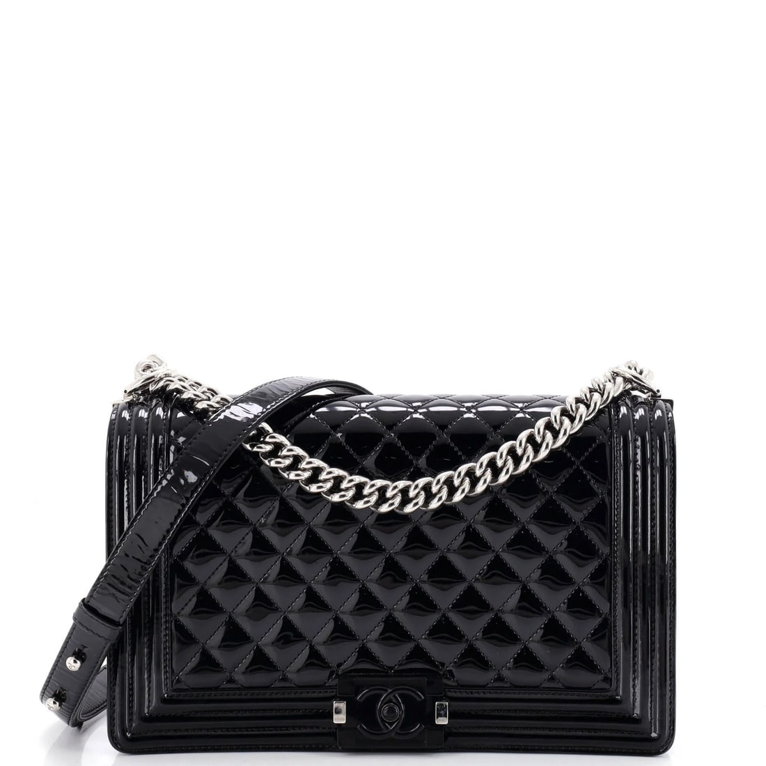 Plexiglass Patent New Medium Chanel Boy Flap Bag: Plexiglass Patent New Medium Chanel Boy Flap Bag Patent New Medium Chanel Boy Flap Bag. This black patent leather shoulder bag features a quilted design and Plexiglass patent exterior, with a
