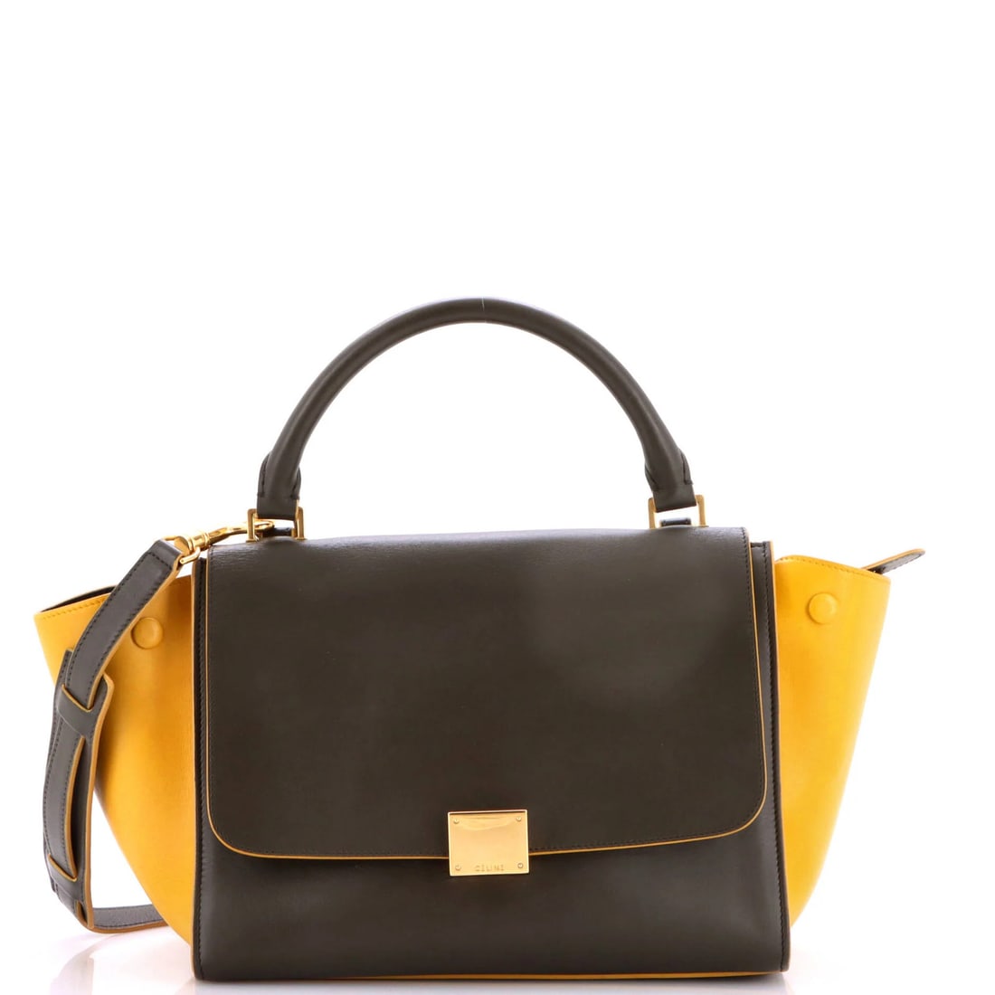 Trapeze Bag Small Leather Celine Tricolor: Trapeze Bag Small Leather Celine Tricolor Small Leather Celine Tricolor Trapeze Bag with Green Exterior and Interior, featuring a classic top handle design and aged gold hardware. The bag measures 4.5