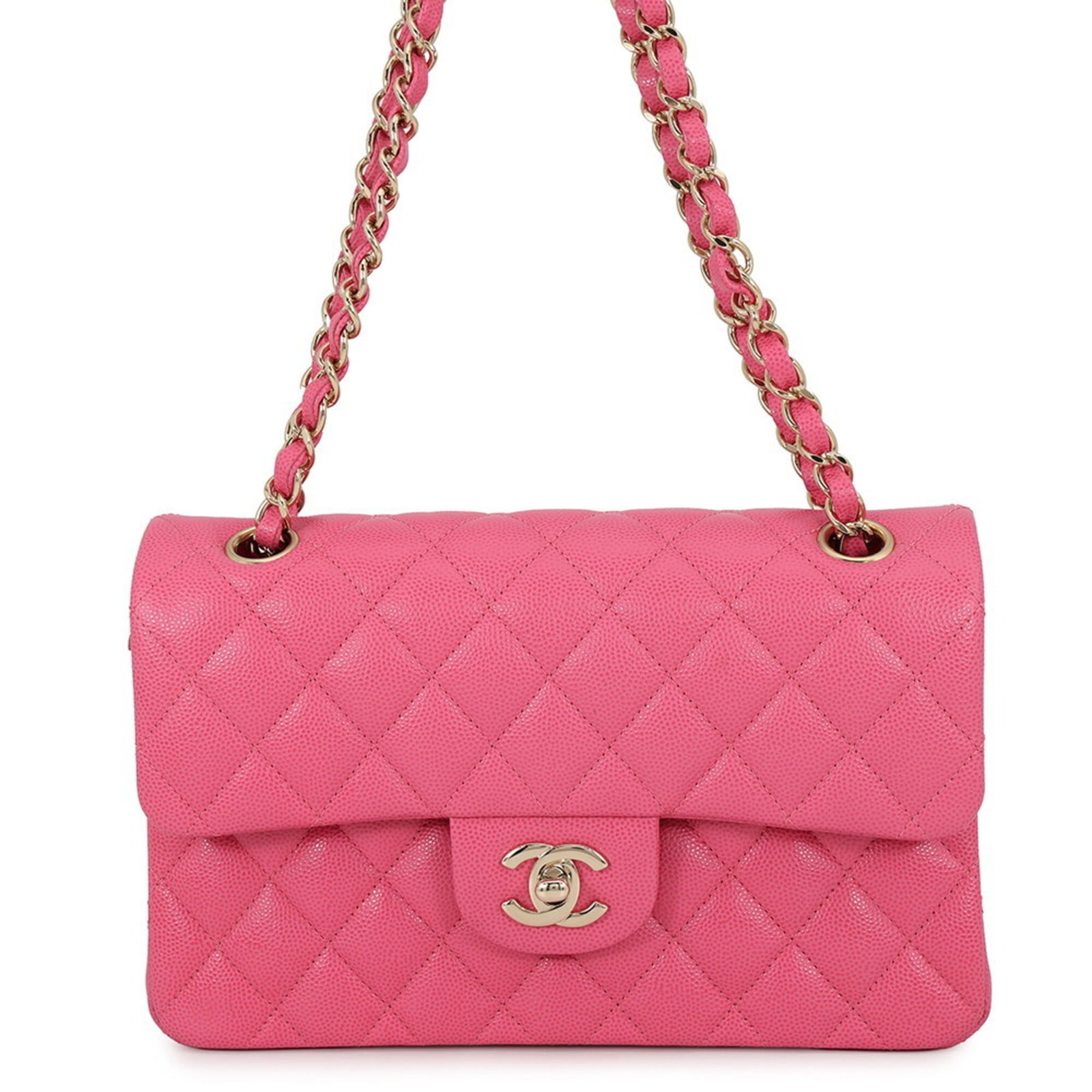 Calfskin Grained Shoulder Bag Handbag: Calfskin Grained Shoulder Bag Handbag Calfskin Grained Shoulder Bag Handbag is crafted from high-quality grained calfskin, featuring a classic Matelasse design. The bag boasts a striking pink hue and 