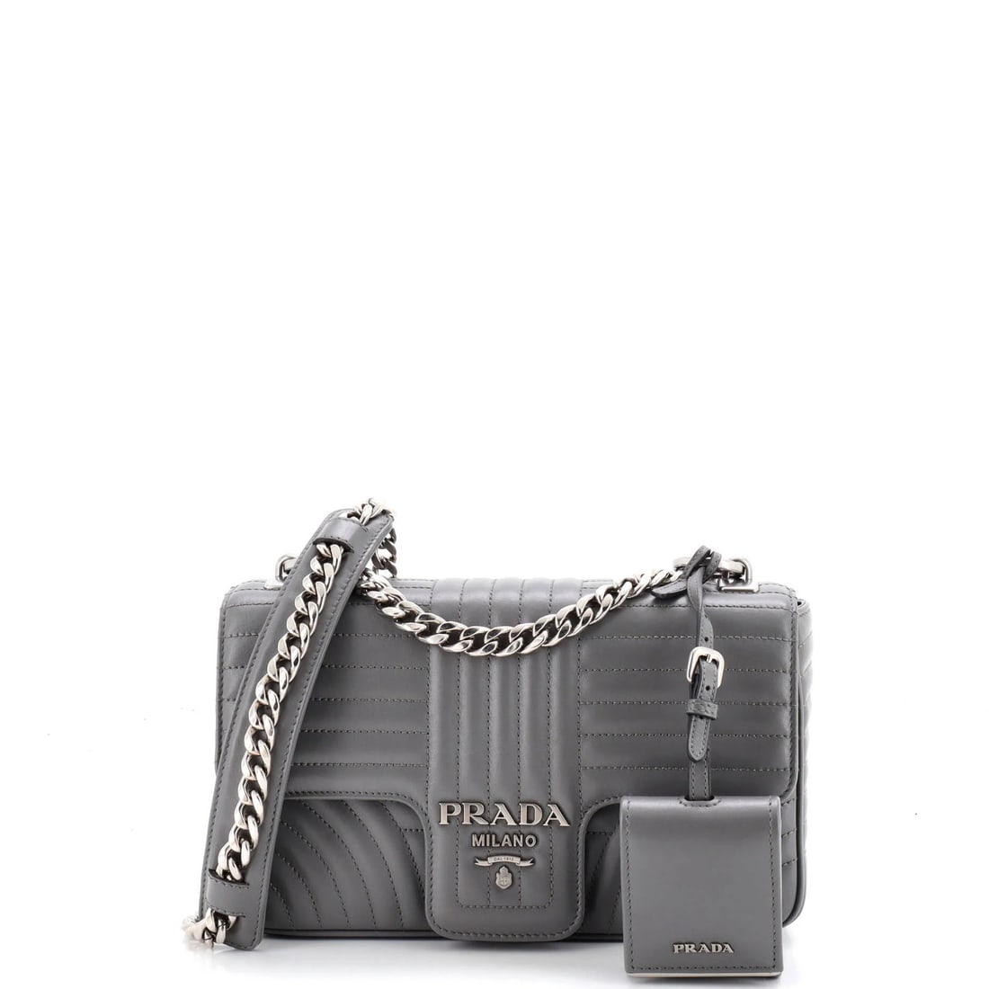 Prada Chain Flap Shoulder Bag Diagramme Quilted Leather Medium: Prada Chain Flap Shoulder Bag Diagramme Quilted Leather Medium The Prada Chain Flap Shoulder Bag Diagramme Quilted Leather Medium boasts a sleek, gray exterior with a chain flap detail, adding a touch