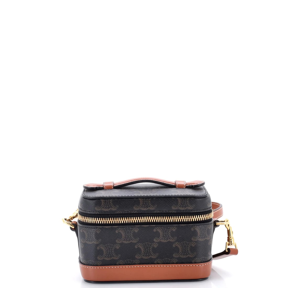 Triomphe Coated Canvas Mini Convertible Top Celine Vanity: Triomphe Coated Canvas Mini Convertible Top Celine Vanity Triomphe Coated Canvas Mini Convertible Top Celine Vanity features a durable canvas exterior with a rich brown color, complemented by gold har