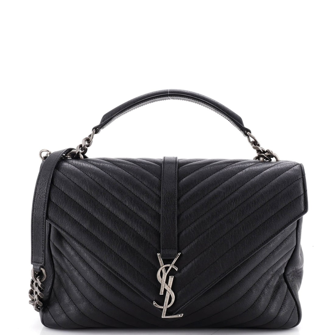 Classic Monogram Saint Laurent College Leather Large Matelasse Bag Chevron: Classic Monogram Saint Laurent College Leather Large Matelasse Bag Chevron Classic Monogram Saint Laurent College Leather Large Matelasse Bag Chevron in black leather with a spacious interior and