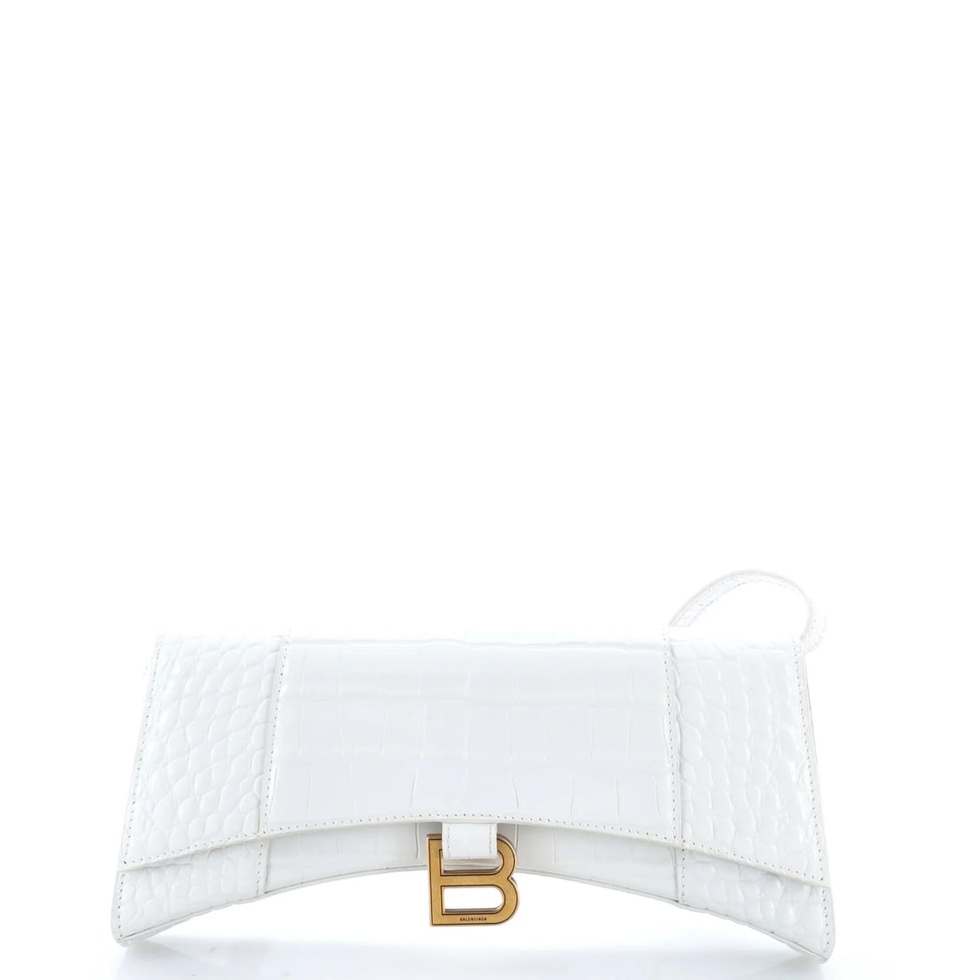 Crocodile Embossed Leather Hourglass Stretch Sling Bag Balenciaga: Crocodile Embossed Leather Hourglass Stretch Sling Bag Balenciaga White Crocodile Embossed Leather Balenciaga Hourglass Stretch Sling Bag, featuring a unique exterior design with scuffs and minor