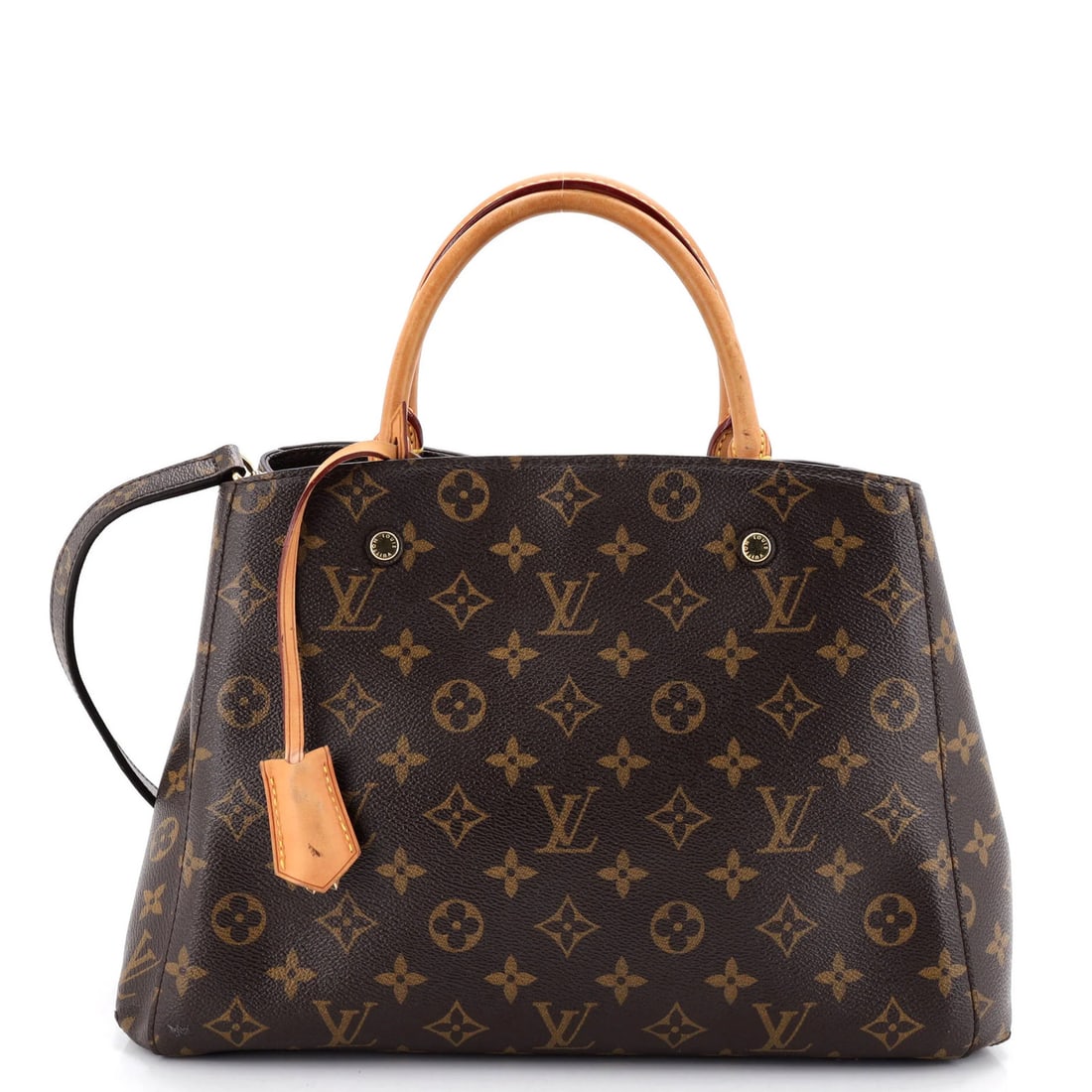 Vuitton Louis Handbag Monogram Canvas MM Montaigne: Vuitton Louis Handbag Monogram Canvas MM Montaigne Brown Louis Vuitton Monogram Canvas MM Montaigne Tote features a classic design with a timeless brown canvas exterior and gold hardware. The bag