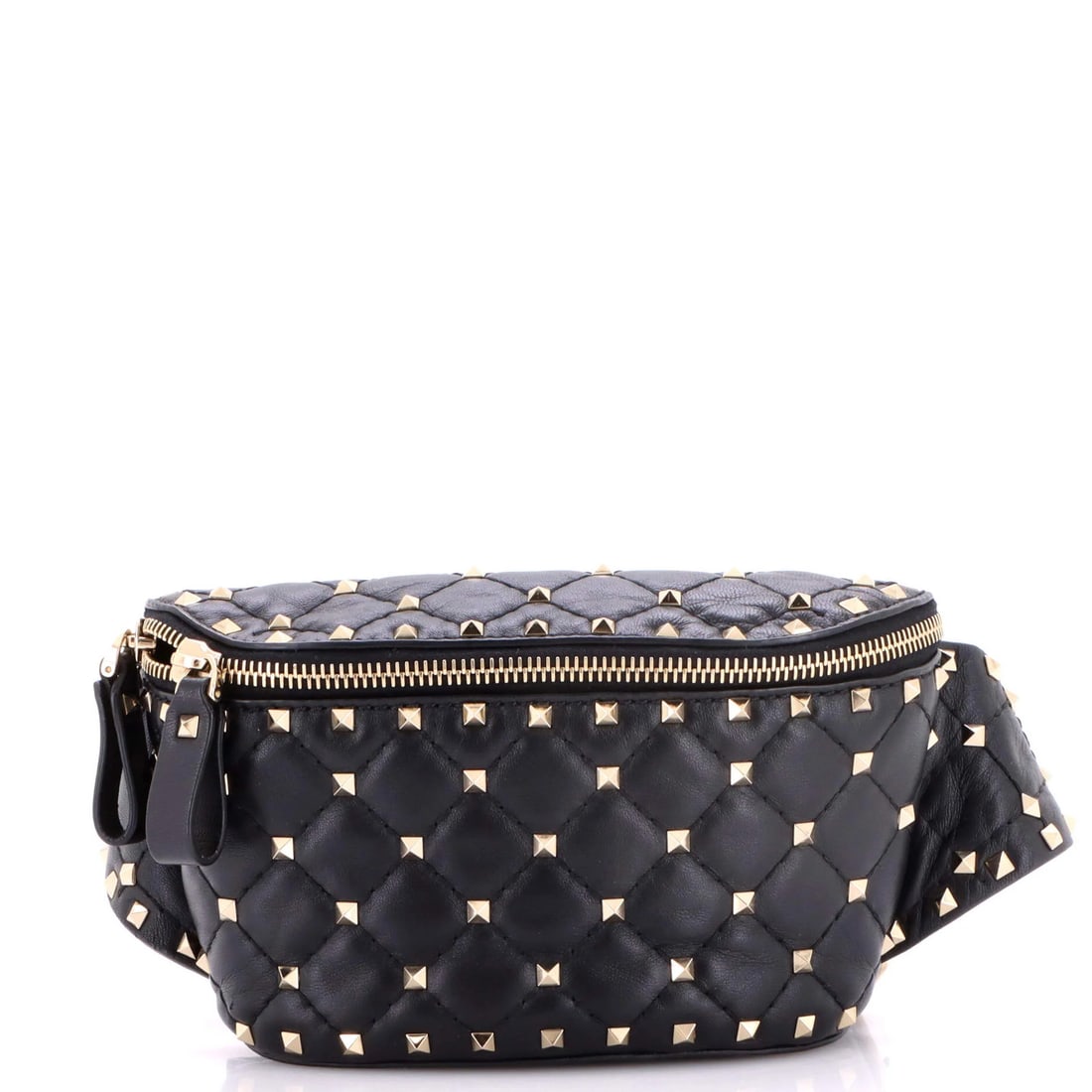 Garavani Valentino Quilted Spike Leather Belt Bag Small Rockstud: Garavani Valentino Quilted Spike Leather Belt Bag Small Rockstud The Valentino Garavani Quilted Spike Leather Belt Bag Small Rockstud boasts a sleek black exterior with intricate Rockstud details, add