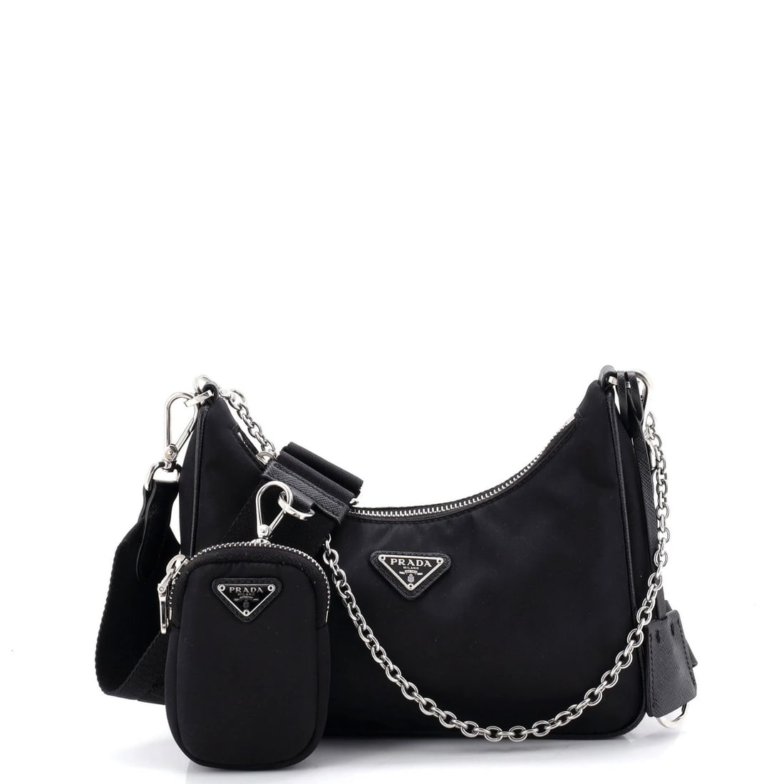 Re Edition Small Prada 2005 Bag Tessuto Shoulder: Re Edition Small Prada 2005 Bag Tessuto Shoulder Small Re Edition Prada 2005 Bag in Black Nylon with Silver Hardware, featuring a cross body design and extra strap for versatility. Measuring 5" height