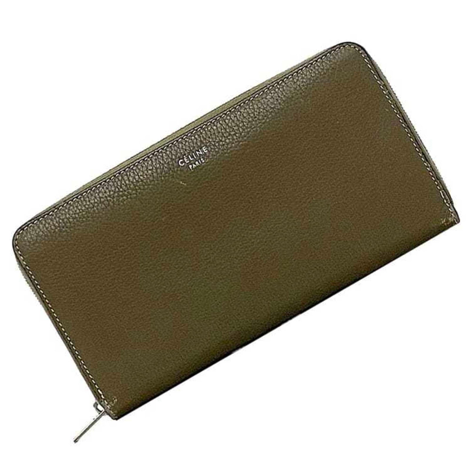 Celine Long Wallet (Bi-Fold) Leather: Celine Long Wallet (Bi-Fold) Leather The Celine Long Wallet (Bi-Fold) Leather is a sleek and functional accessory, featuring a grayish leather exterior with a zipper closure and multiple pockets for o