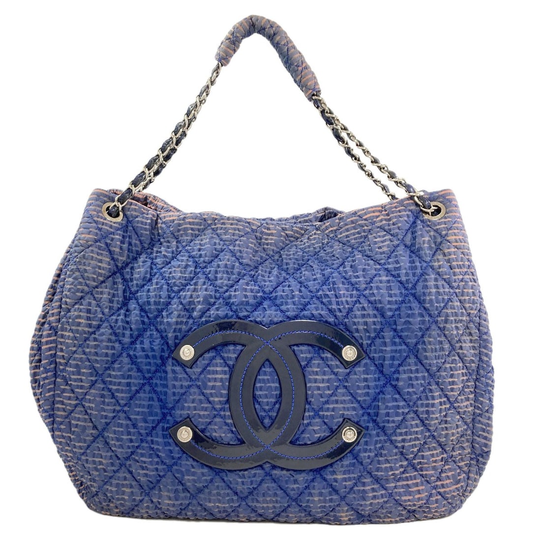 Matelasse Tote Bag Nylon Silverhardware Dekacoco Chanel: Matelasse Tote Bag Nylon Silverhardware Dekacoco Chanel Blue Matelasse Tote Bag with Silver Hardware from Chanel. Made of durable Nylon, this stylish tote features a distinctive blue exterior color. T