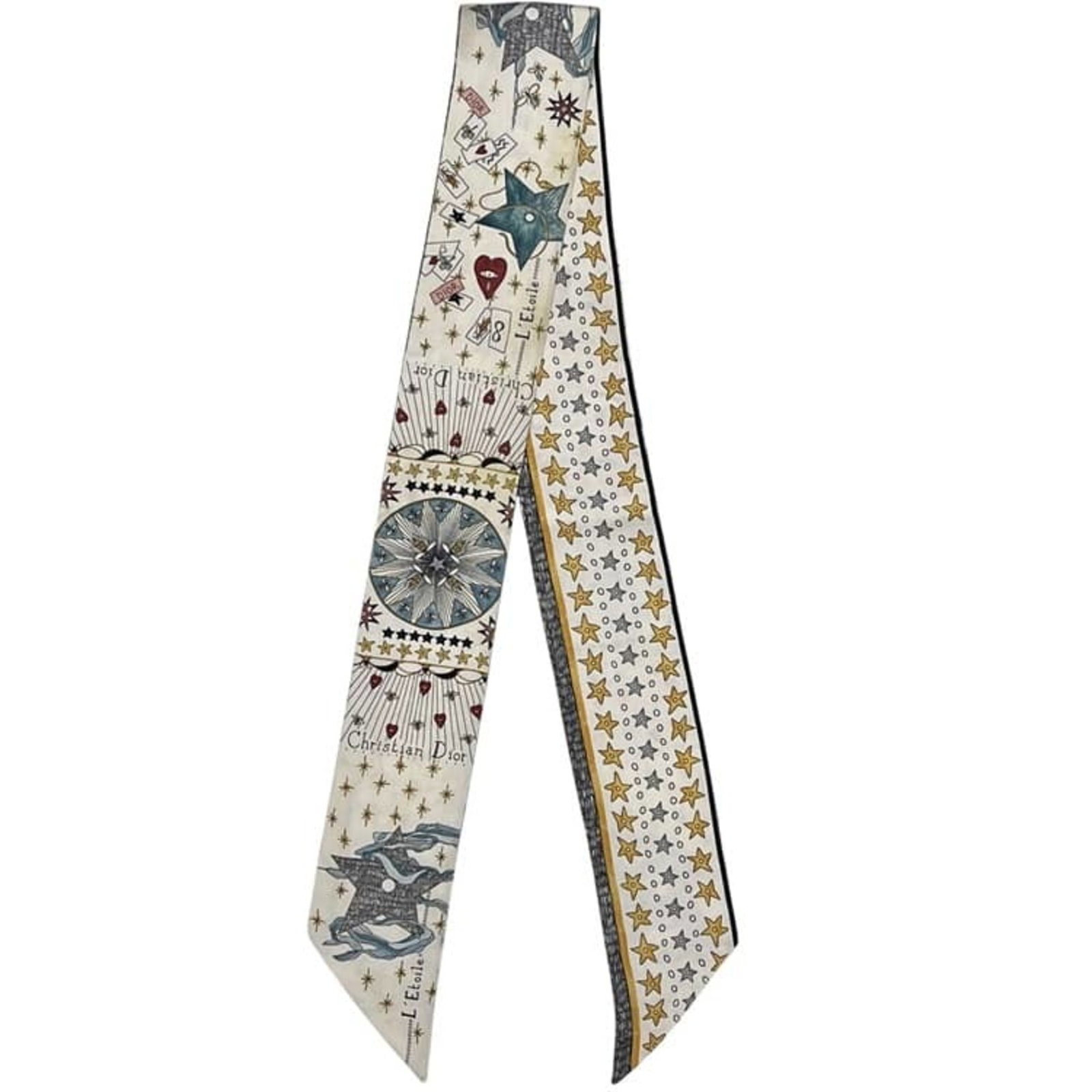 Silk Scarf by Christian Dior: Silk Scarf by Christian Dior Silk Scarf by Christian Dior boasts a striking multi-color design, featuring a predominantly white base with vibrant hues. Made from luxurious silk, this scarf measures 96