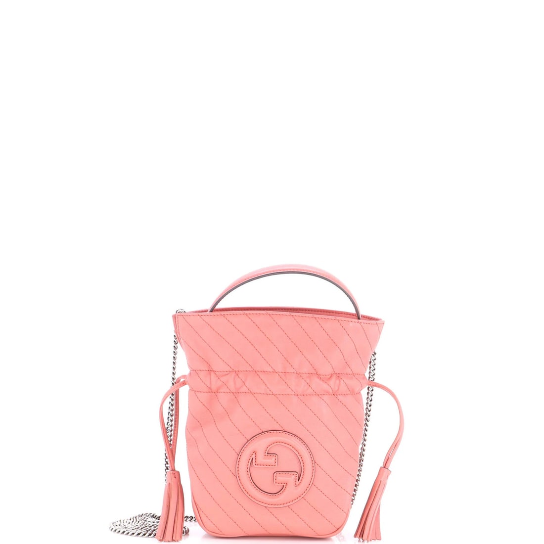 Gucci Blondie NM Bucket Bag Diagonal Quilted Leather Mini: Gucci Blondie NM Bucket Bag Diagonal Quilted Leather Mini Pink Gucci Blondie NM Bucket Bag Diagonal Quilted Leather Mini with signature and minor creases on exterior, perfume odor and minor scuffs on 