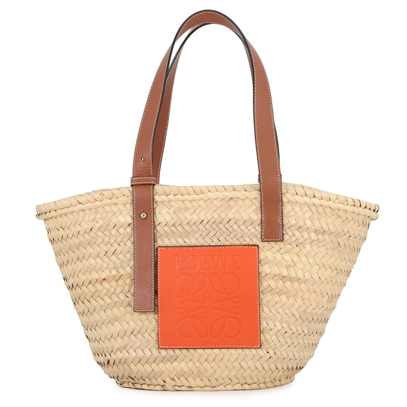 Loewe Raffia Leather Basket Tote: Loewe Raffia Leather Basket Tote The Loewe Raffia Leather Basket Tote is a stylish and unique handbag featuring a distinctive raffia and leather combination. Its open design and silver hardware add a 