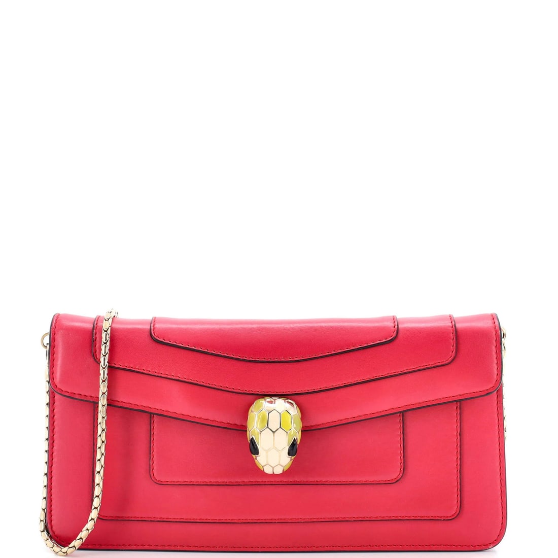 Serpenti Leather Chain Forever Bvlgari Clutch: Serpenti Leather Chain Forever Bvlgari Clutch The Serpenti Leather Chain Forever Bvlgari Clutch boasts a striking pink leather exterior with a classic design, featuring a chain-link pattern. With its