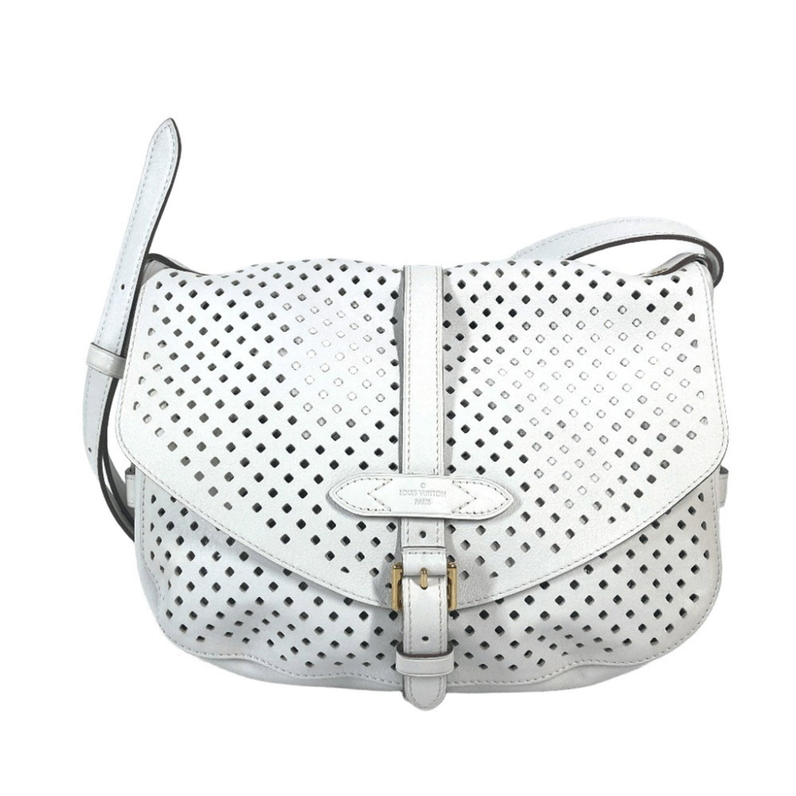 Louis Vuitton Shoulder Messenger Bag Leather: Louis Vuitton Shoulder Messenger Bag Leather White leather Louis Vuitton shoulder messenger bag with classic design, measuring 23cm x 30cm x 6.5cm. This stylish bag features a timeless look, perfect