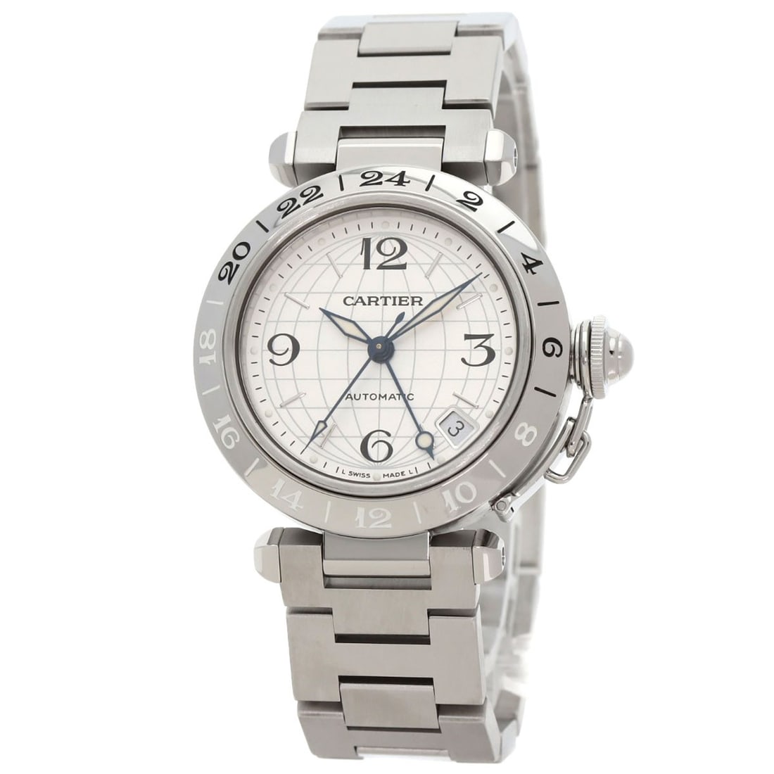 Pasha C Meridian Gmt Watches Cartier Stainless Steel W31078M7: Pasha C Meridian Gmt Watches Cartier Stainless Steel W31078M7 Stainless steel construction provides a durable foundation for this Cartier watch, featuring a silver bezel and dial. The mechanical autom