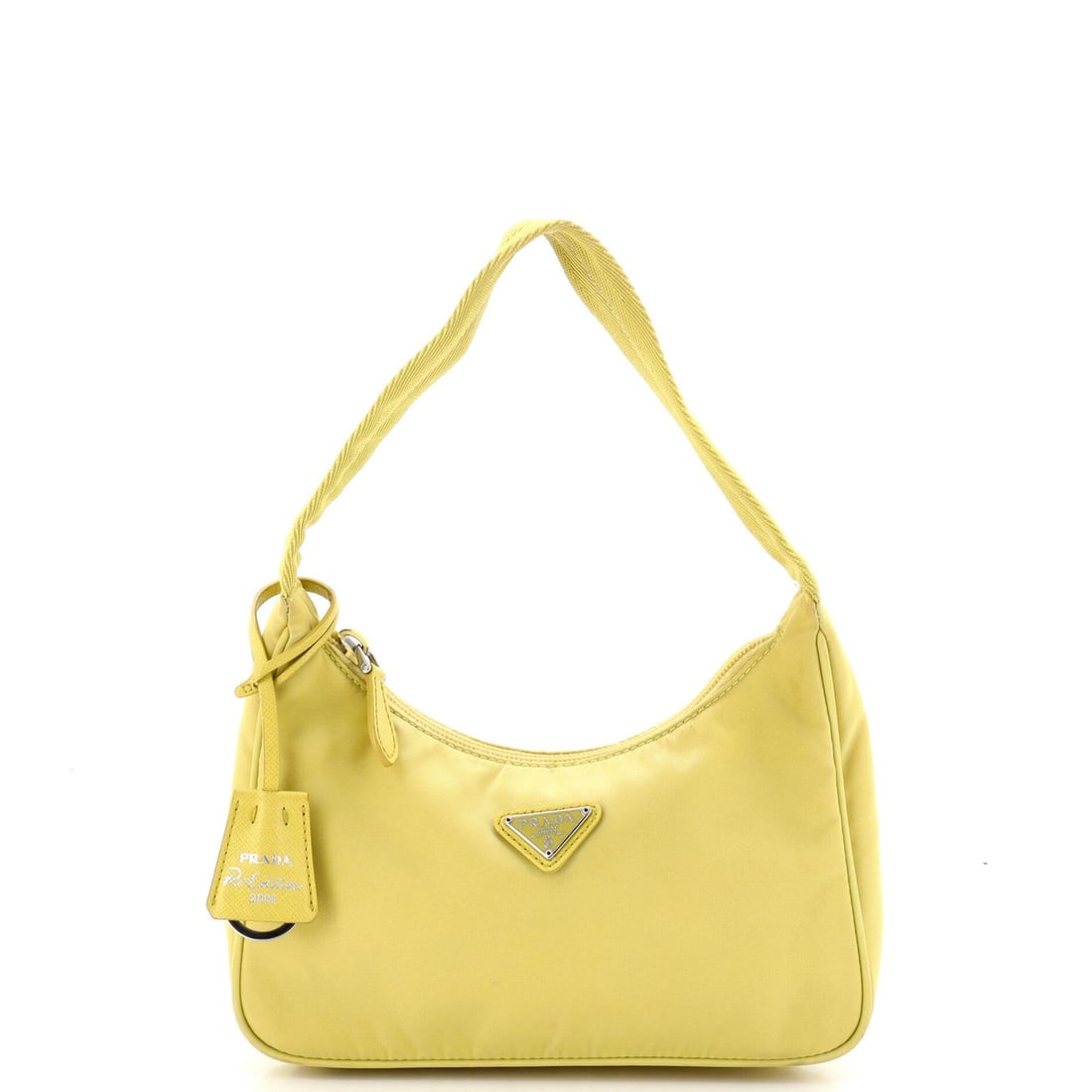 Prada Re-Edition 2000 Hobo Tessuto Mini: Prada Re-Edition 2000 Hobo Tessuto Mini The Prada Re-Edition 2000 Hobo Tessuto Mini is a vibrant yellow mini handbag with a classic hobo style, featuring a nylon exterior and a yellow interior. With