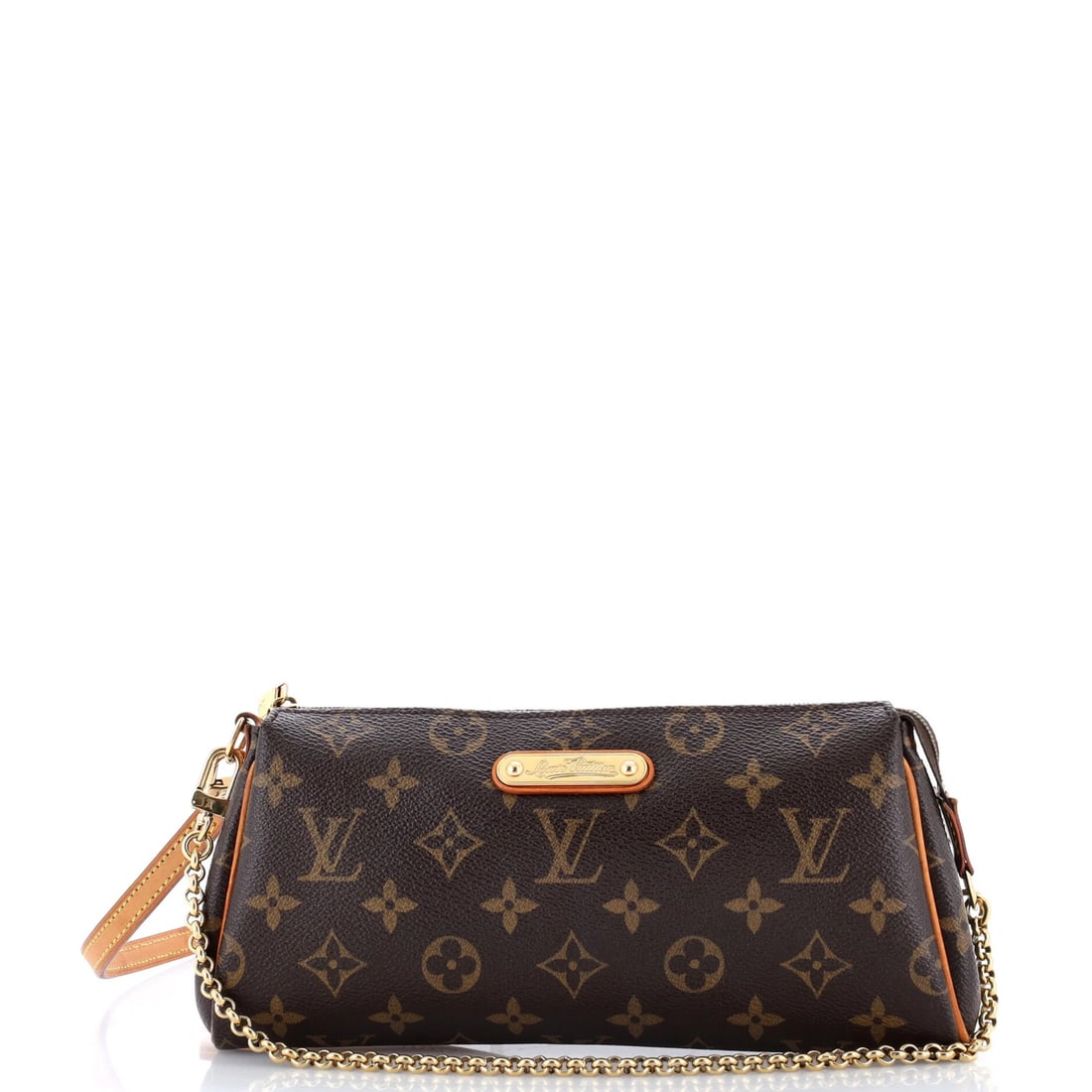 Monogram Canvas Eva Handbag Louis Vuitton: Monogram Canvas Eva Handbag Louis Vuitton Brown Monogram Canvas Eva Handbag with Gold Hardware, featuring a classic clutches design with a 9" handle drop and 26" strap drop. The bag's exterior shows