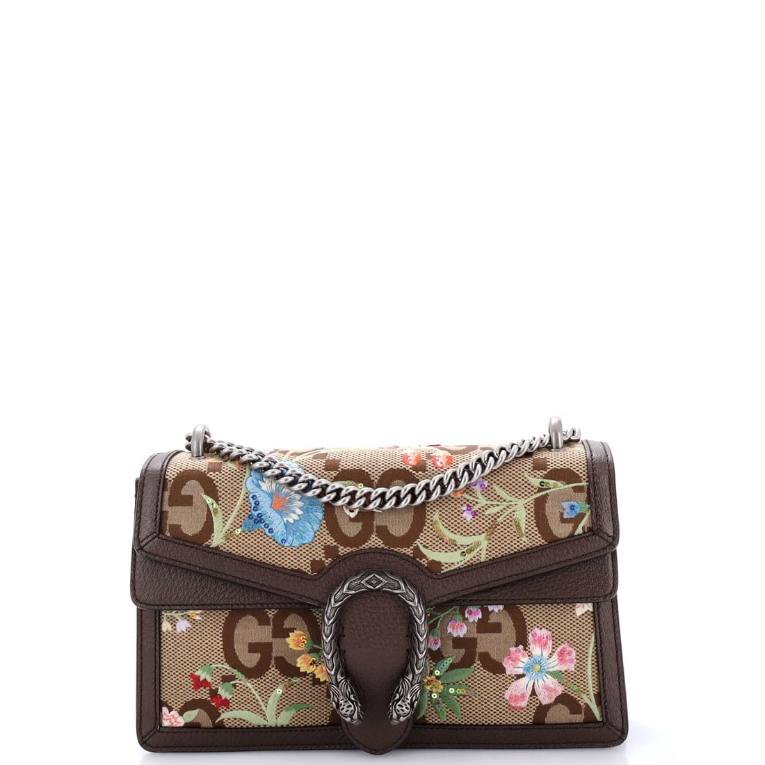 Gucci Jumbo GG Embroidered Small Canvas Bag Dionysus: Gucci Jumbo GG Embroidered Small Canvas Bag Dionysus The Gucci Dionysus Jumbo GG Embroidered Small Canvas Bag boasts a striking brown exterior with a mix of canvas, leather, and sequins. This small