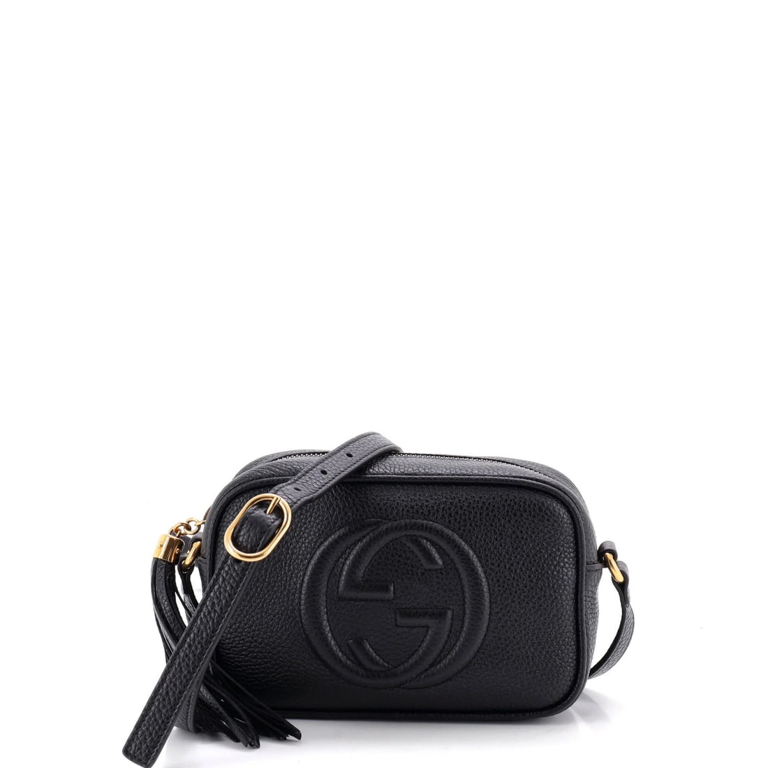 Crossbody Disco Bag Leather Mini Gucci Soho: Crossbody Disco Bag Leather Mini Gucci Soho Black leather mini Gucci Soho Disco Crossbody Bag with gold hardware, featuring a classic cross-body design and minor creases on exterior and interior. The