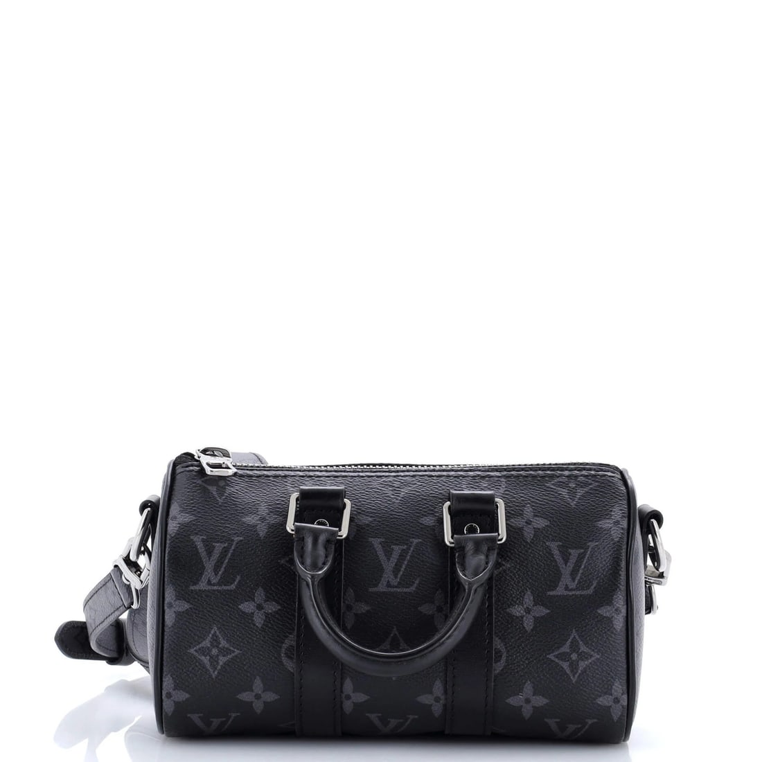 Keepall Bandouliere Louis Vuitton Eclipse Reverse Monogram Canvas: Keepall Bandouliere Louis Vuitton Eclipse Reverse Monogram Canvas Black Keepall Bandouliere bag with Eclipse Reverse Monogram canvas exterior, featuring a cross body design and silver hardware. This