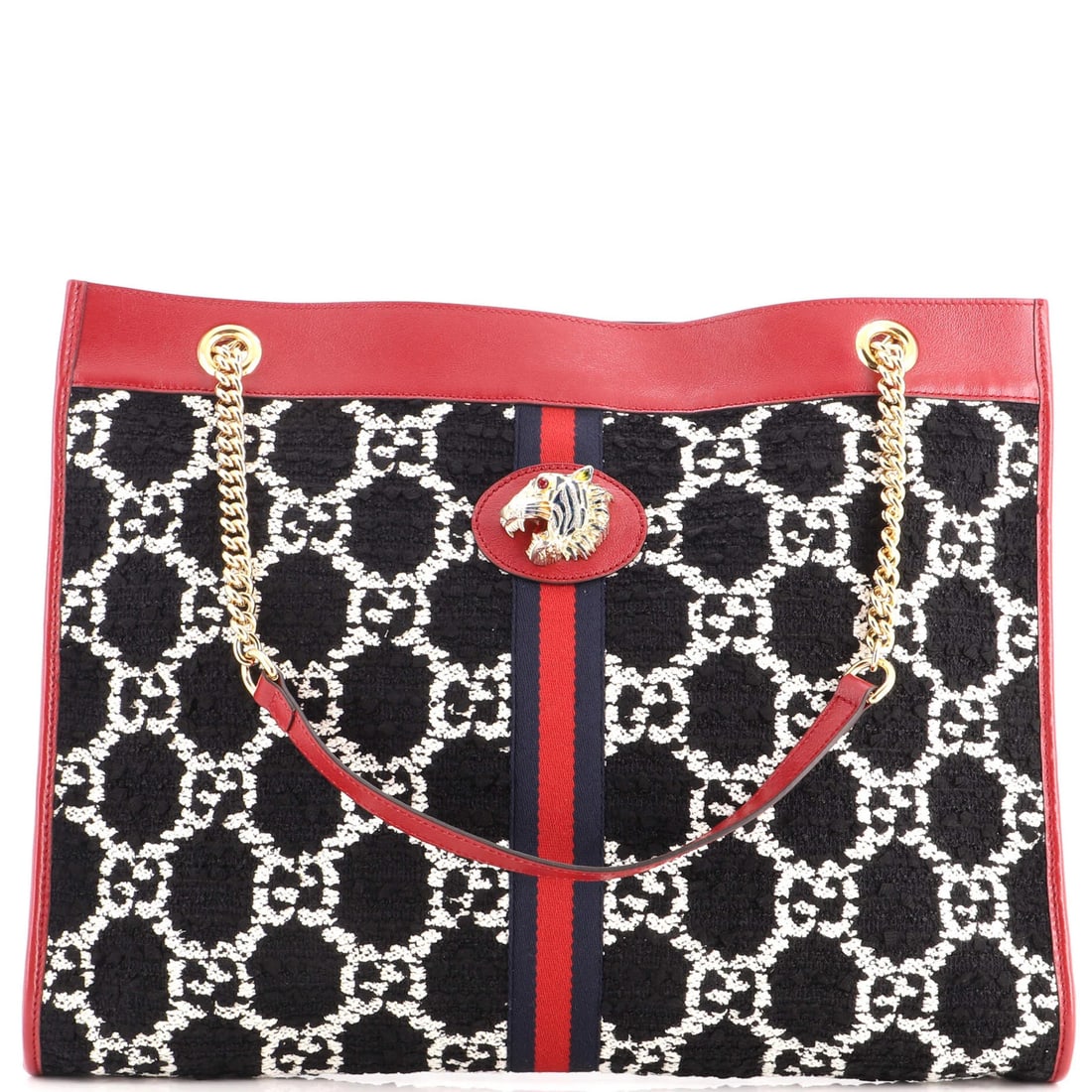 Large Gucci Rajah Chain Tote GG Tweed: Large Gucci Rajah Chain Tote GG Tweed Large Gucci Rajah Chain Tote GG Tweed in black tweed exterior with gold hardware, featuring a neutral microfiber interior and a classic Rajah Chain Tote design.