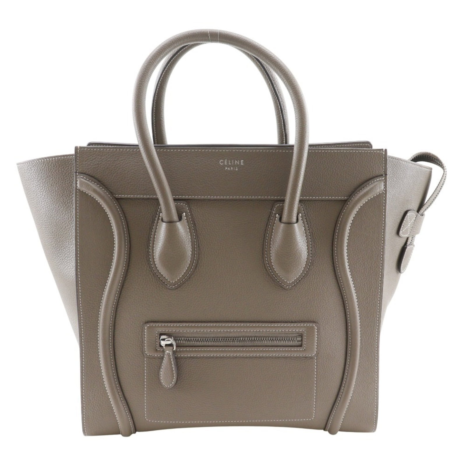 Celine Handbag Leather: Celine Handbag Leather Calfskin leather construction provides a durable and luxurious feel. The Celine 165213DRU.09SO handbag features a distinctive gray color and sleek design, with a zipper closure