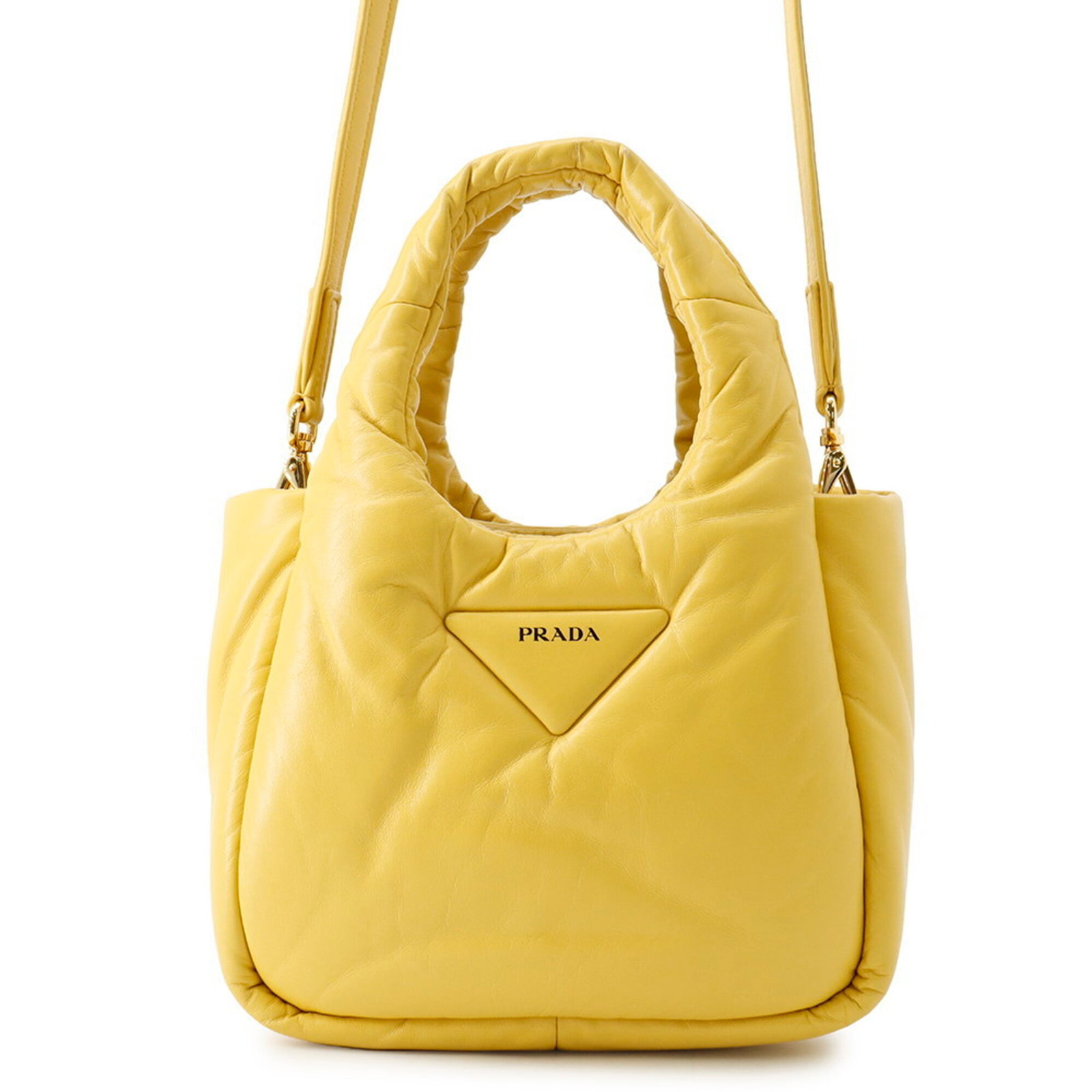 Handbag Leather Prada: Handbag Leather Prada Yellow Prada handbag made from high-quality leather, featuring gold hardware and adjustable straps that can be customized to fit your style. The bag measures 16cm x 18cm x 8.5cm