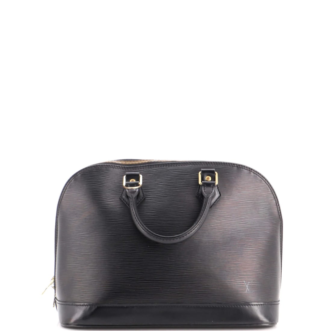 Vuitton Louis Alma Leather Epi Handbag: Vuitton Louis Alma Leather Epi Handbag Black Louis Vuitton Alma Leather Epi Handbag with 18-23" Strap Drop, featuring scuffs, edge wear, discoloration, and minor stains on the exterior, and