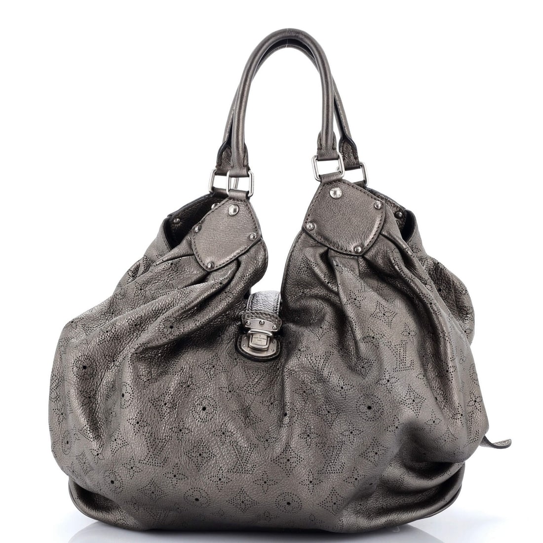 Hobo Mahina Leather Louis Vuitton XL: Hobo Mahina Leather Louis Vuitton XL This Louis Vuitton Hobo Mahina Leather XL features a metallic exterior with minor scuffs and edge wear, and a repainted handle with a strap drop of 18-22". The