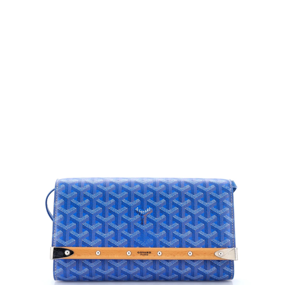 Coated Canvas Strap Clutch Goyard Monte Carlo PM: Coated Canvas Strap Clutch Goyard Monte Carlo PM Blue Goyard Monte Carlo PM Cross Body Bag with Coated Canvas Strap. This cross body bag features a coated canvas exterior in blue, a yellow interior,