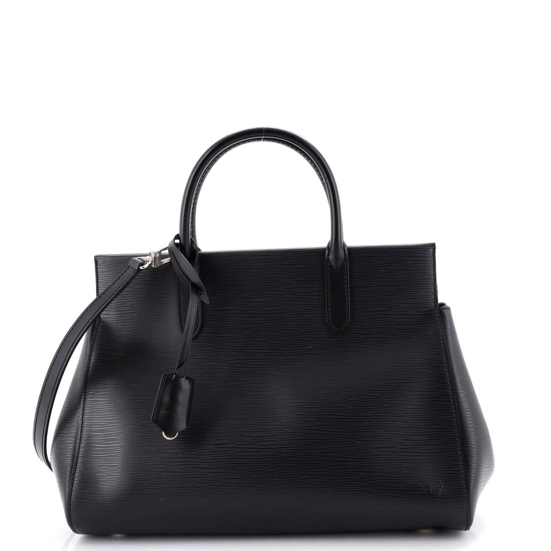 Handbag MM Leather Epi Louis Vuitton Marly: Handbag MM Leather Epi Louis Vuitton Marly Black Marly Epi Leather MM Louis Vuitton Handbag with Clochette and Strap. This black leather handbag features the iconic Marly design and Epi leather exteri