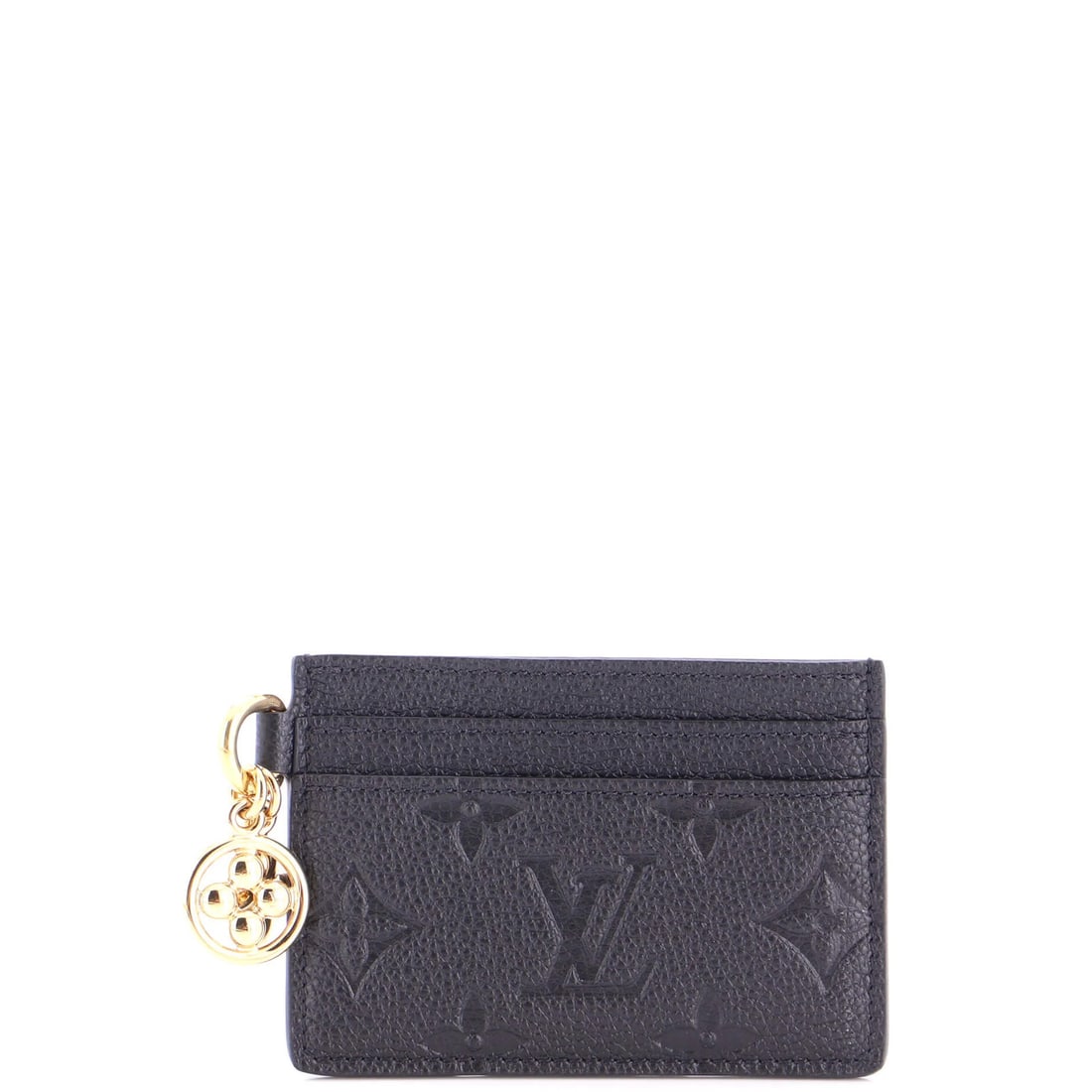 Monogram Leather Empreinte Card Holder Charms LV: Monogram Leather Empreinte Card Holder Charms LV Black Monogram Empreinte Leather Card Holder Charms from Louis Vuitton. This card holder features the iconic LV monogram pattern, made from high-qualit