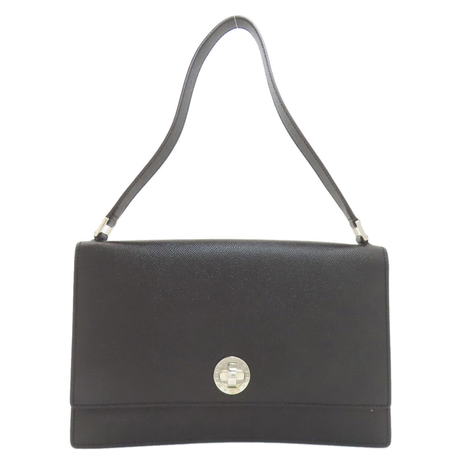 Shoulder Bag Leather: Shoulder Bag Leather Black leather shoulder bag from Bvlgari, measuring 17.5cm x 28cm x 6.5cm, offering a sleek and compact design. The bag's black leather material provides a sophisticated look and