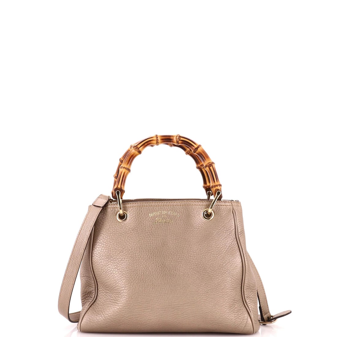 Bamboo Leather Tote Shopper Small Gucci: Bamboo Leather Tote Shopper Small Gucci Small Bamboo Leather Gucci Shopper Tote with Metallic Exterior and Gold Tone Hardware. This small tote features a unique bamboo leather exterior with metallic