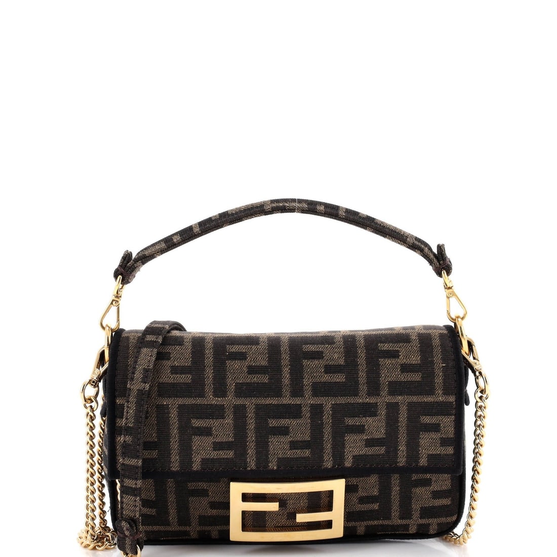 Fendi NM Bag Baguette Zucca Mini: Fendi NM Bag Baguette Zucca Mini The Fendi Baguette Zucca Mini is a stylish cross-body bag made from canvas, featuring a brown exterior with gold hardware. This mini bag has a compact size, with a han