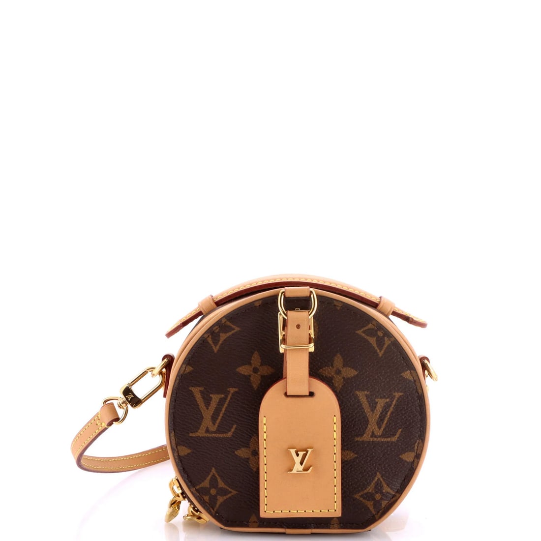 Boite Chapeau Bag Monogram Canvas Louis Vuitton: Boite Chapeau Bag Monogram Canvas Louis Vuitton Brown canvas coated Louis Vuitton mini Boite Chapeau bag with gold hardware, featuring a neutral leather interior and minor edge wear on the exterior. T