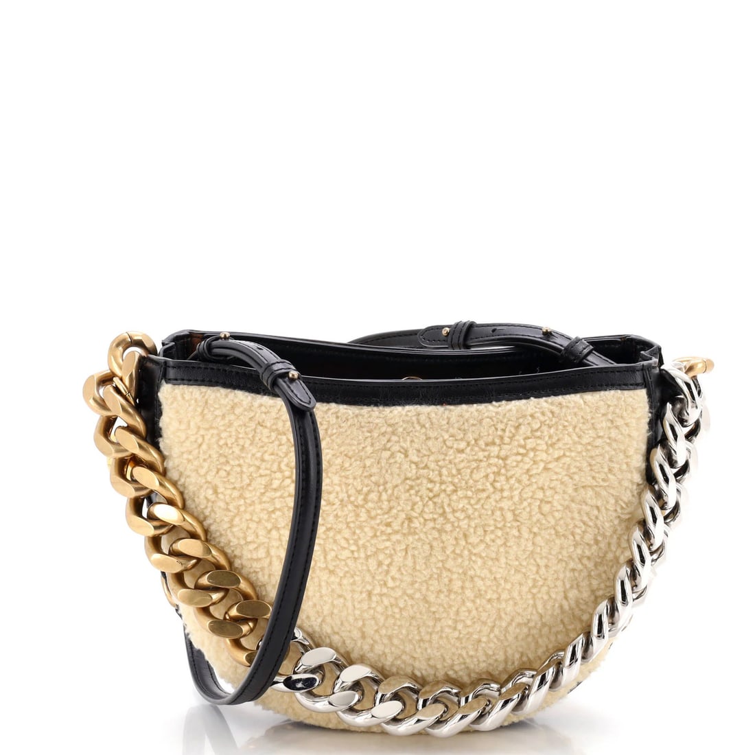Small Stella McCartney Frayme Bag Shearling Faux Leather: Small Stella McCartney Frayme Bag Shearling Faux Leather Small Stella McCartney Frayme Bag Shearling Faux Leather features a neutral exterior, faux shearling and faux leather construction, and a