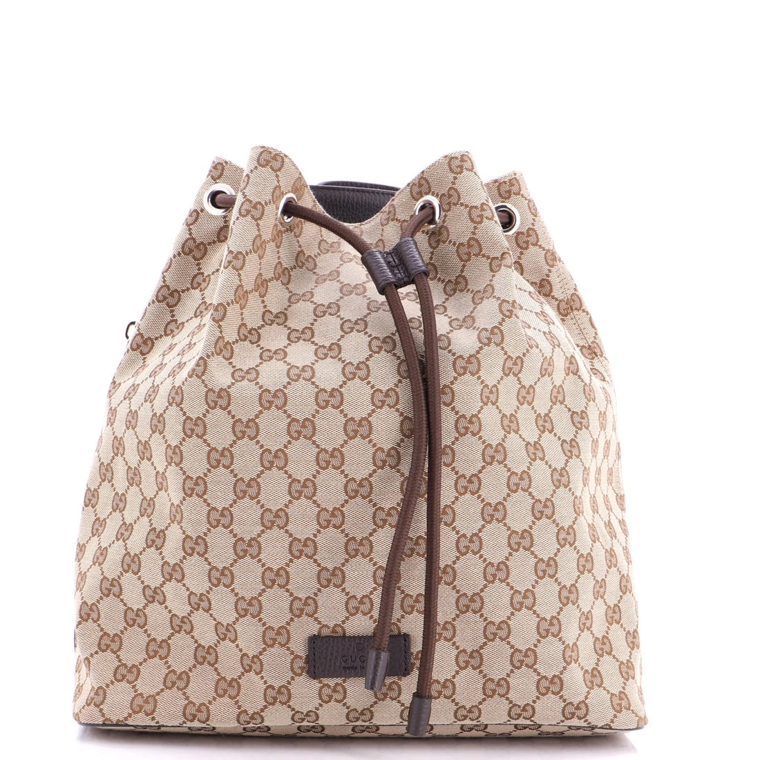 Backpack Canvas Drawstring Gucci Medium: Backpack Canvas Drawstring Gucci Medium This Gucci Medium Canvas Drawstring Backpack boasts a classic design with a timeless appeal. Featuring a sturdy canvas exterior in brown and silver hardware,