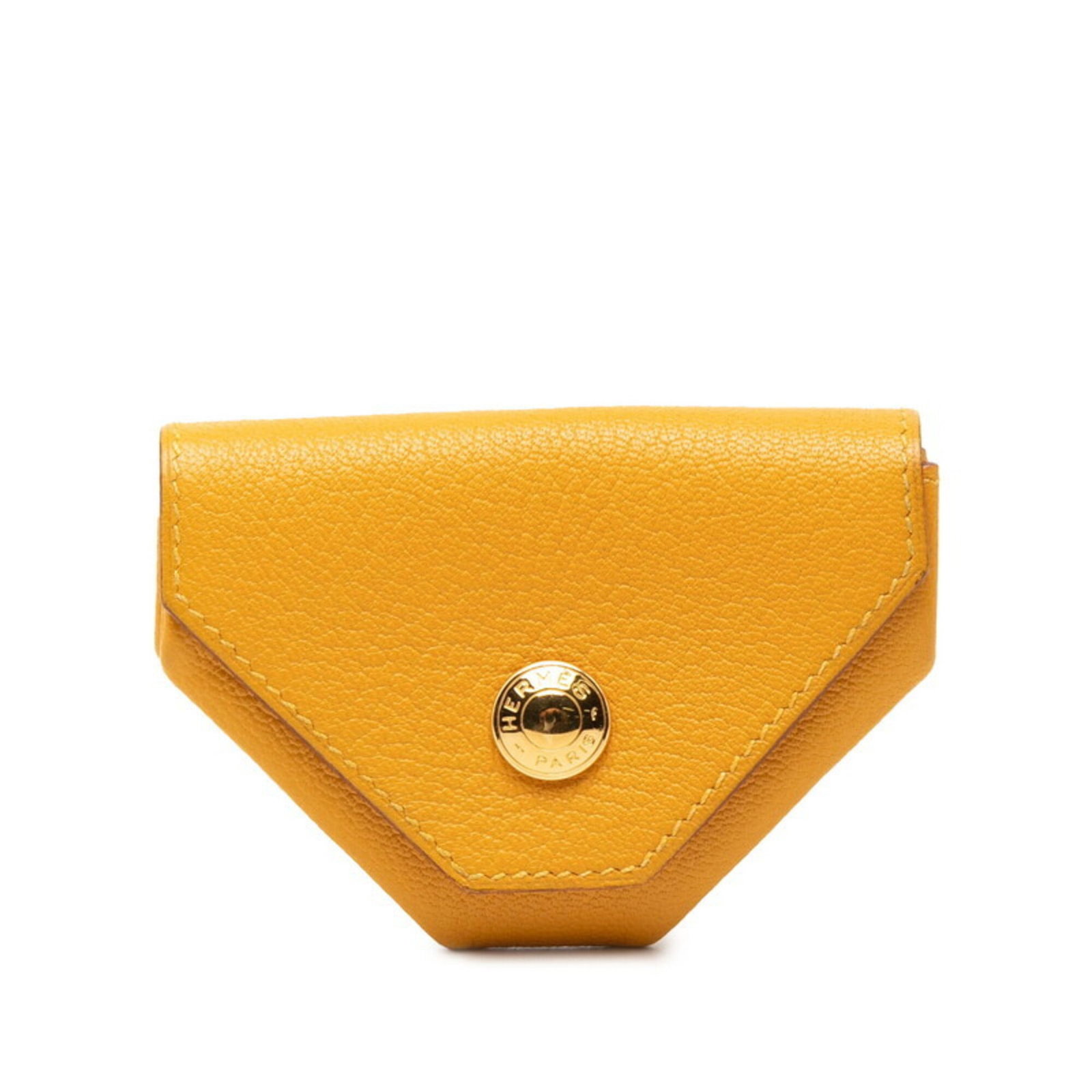 Hermes Coin Case Leather Purse Chevre: Hermes Coin Case Leather Purse Chevre Chevre leather gives this elegant coin case a soft, luxurious feel. The gold and yellow color combination adds a touch of sophistication, while the button