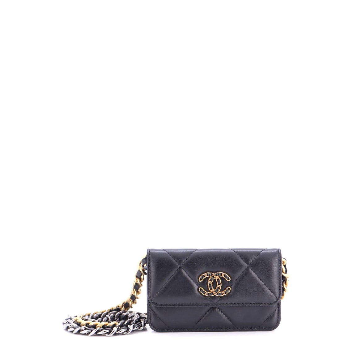 Clutch Chain Quilted Lambskin Chanel 19: Clutch Chain Quilted Lambskin Chanel 19 Black quilted lambskin exterior, a hallmark of Chanel's iconic design, adorns this 19 Clutch With Chain. Minor scuffs and creases on the exterior and interior,