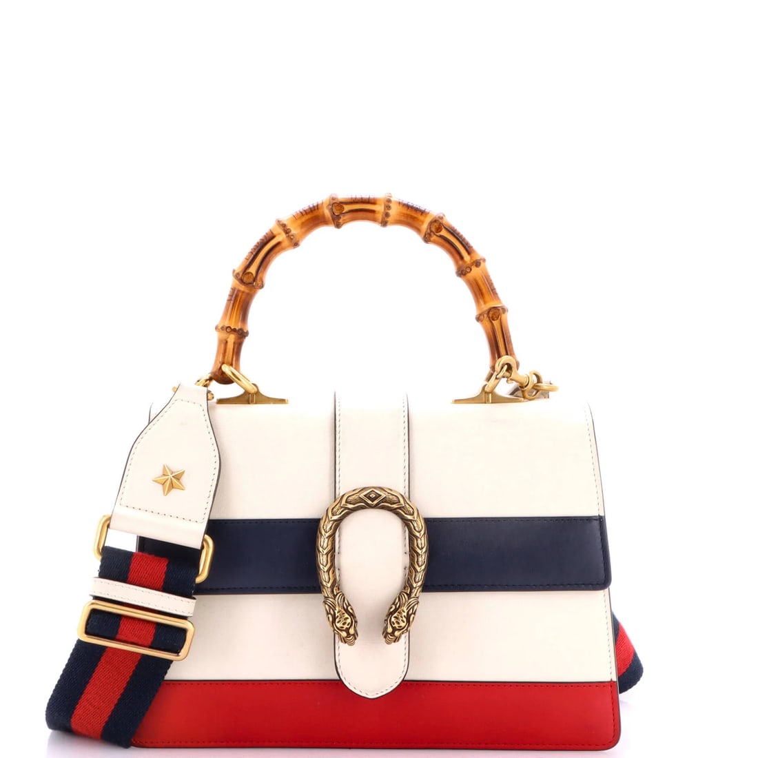 Colorblock leather medium bag Bamboo Top Handle Gucci: Colorblock leather medium bag Bamboo Top Handle Gucci White Colorblock Leather Medium Bag with Bamboo Top Handle from Gucci. This neutral-colored bag features a unique bamboo top handle and a classic