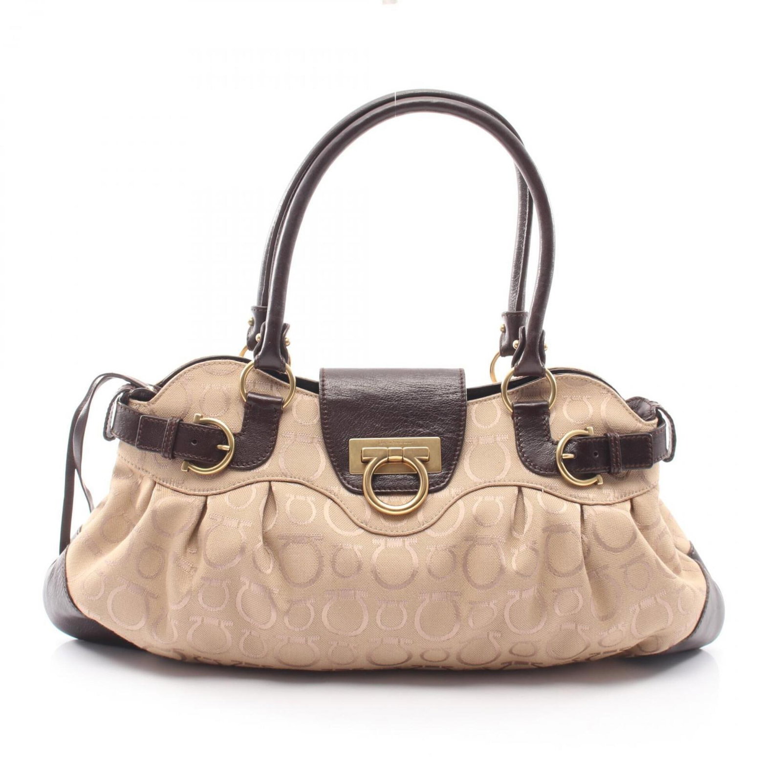Handbag Shoulder Bag Salvatore Ferragamo Leather Canvas: Handbag Shoulder Bag Salvatore Ferragamo Leather Canvas Canvas and leather combine in a classic design, with a spacious interior and a sturdy shoulder strap. This beige and brown Salvatore Ferragamo