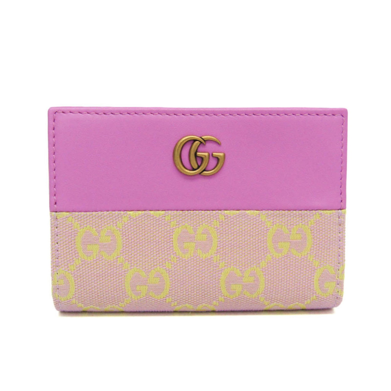 Middle Wallet Bi Fold Gg Canvas Leather: Middle Wallet Bi Fold Gg Canvas Leather The Middle Wallet Bi Fold Gg Canvas Leather features a striking pink and yellow color combination, adding a pop of personality to any outfit. With its sleek GG