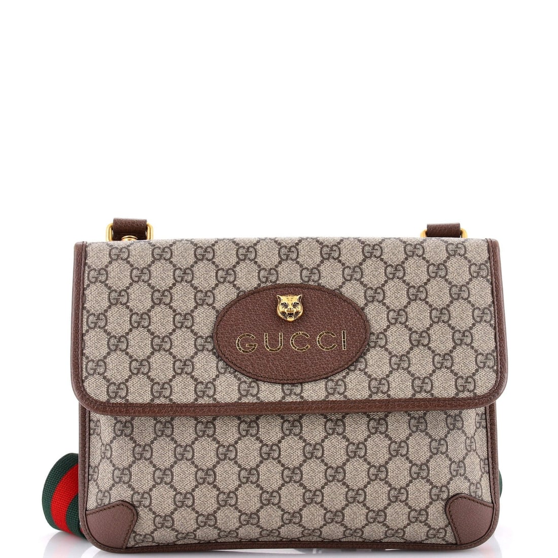 Gucci Neo Vintage Flap Messenger Coated Canvas GG Medium: Gucci Neo Vintage Flap Messenger Coated Canvas GG Medium Brown canvas coated GG medium cross body bag with a Neo Vintage Flap Messenger design, featuring a neutral interior and aged gold hardware. The